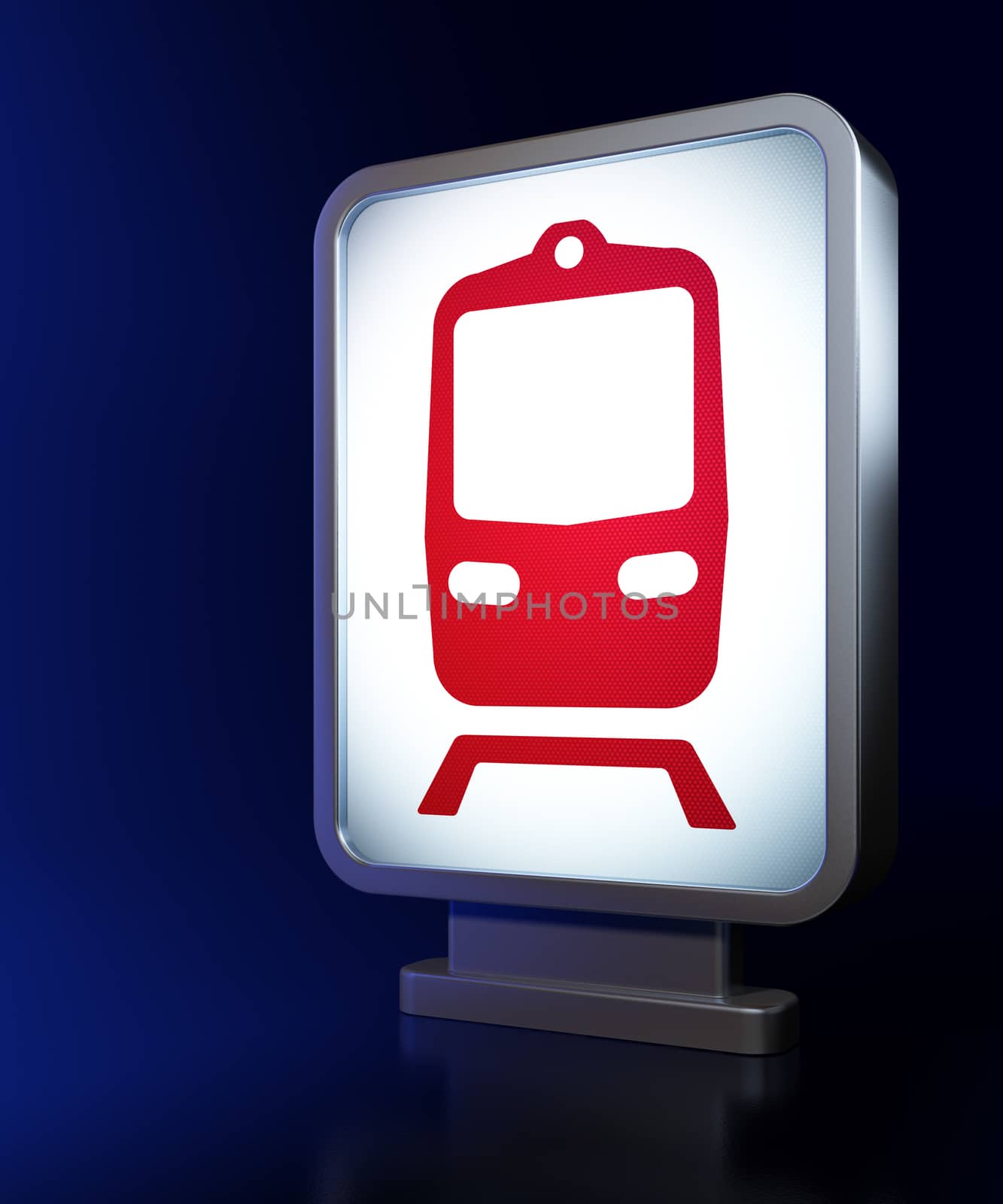 Vacation concept: Train on advertising billboard background, 3d render
