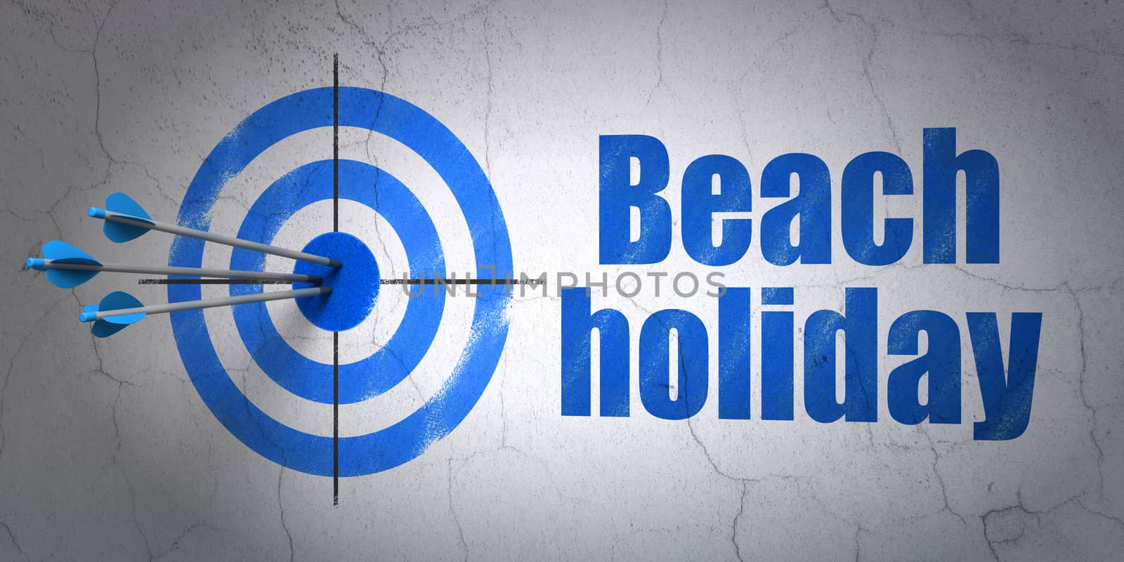 Success vacation concept: arrows hitting the center of target, Blue Beach Holiday on wall background