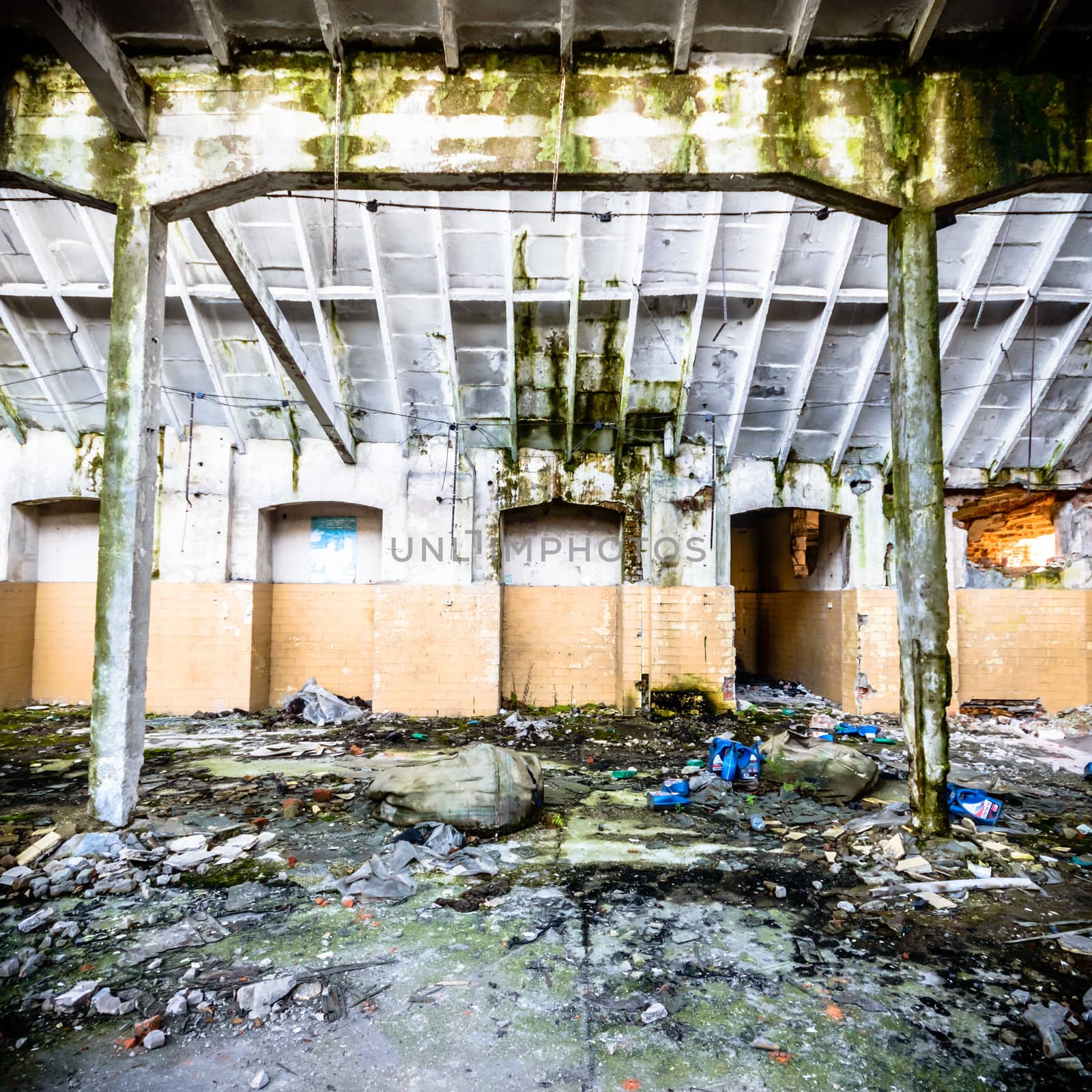 wide angle view of an old wall abandoned factory building