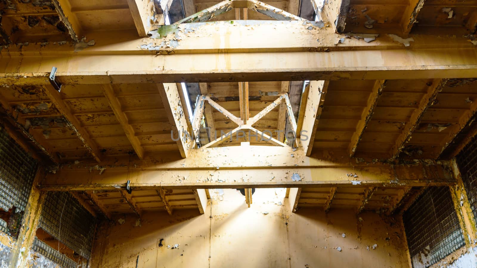 wide angle view of an old wall abandoned factory building