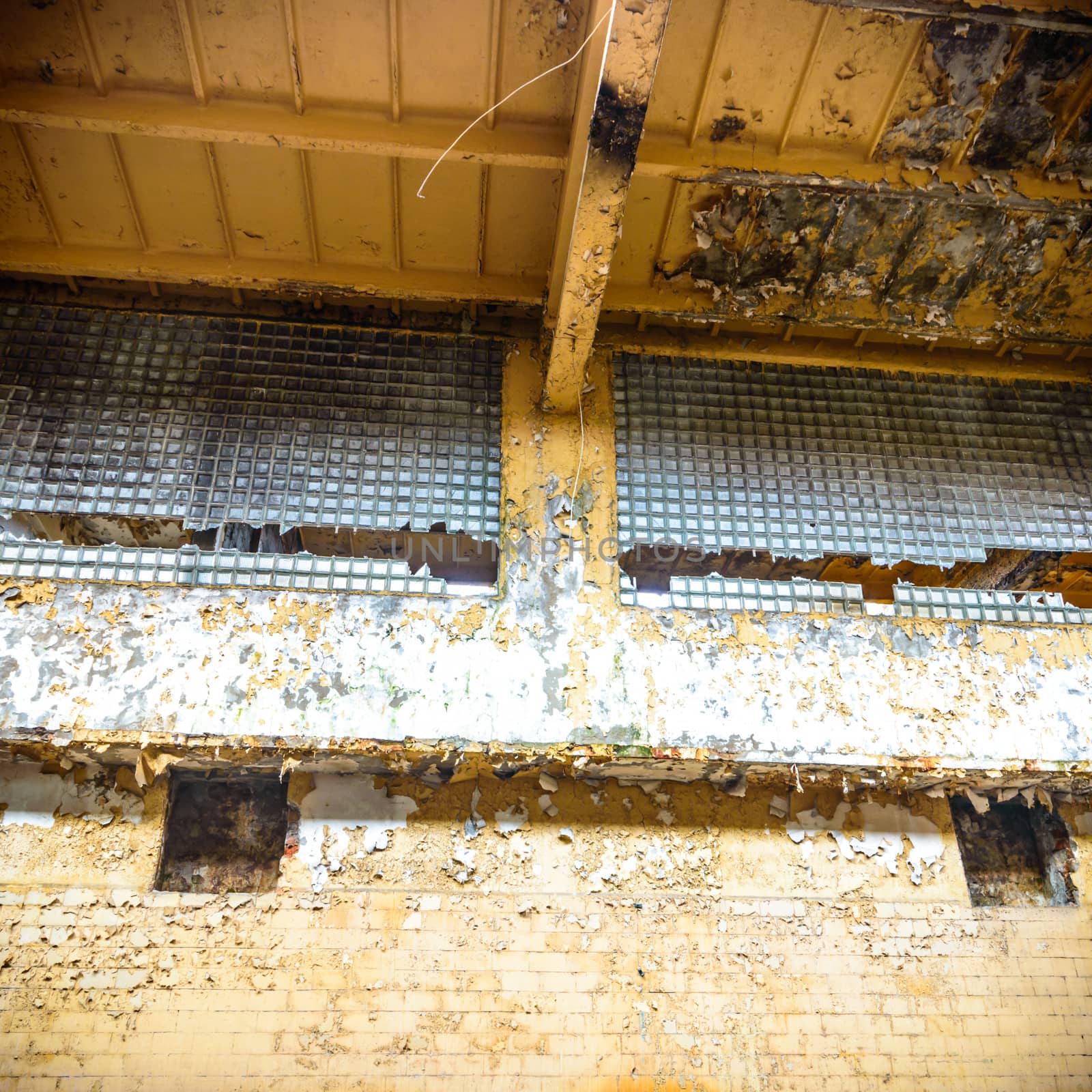 wide angle view of an old wall abandoned factory building