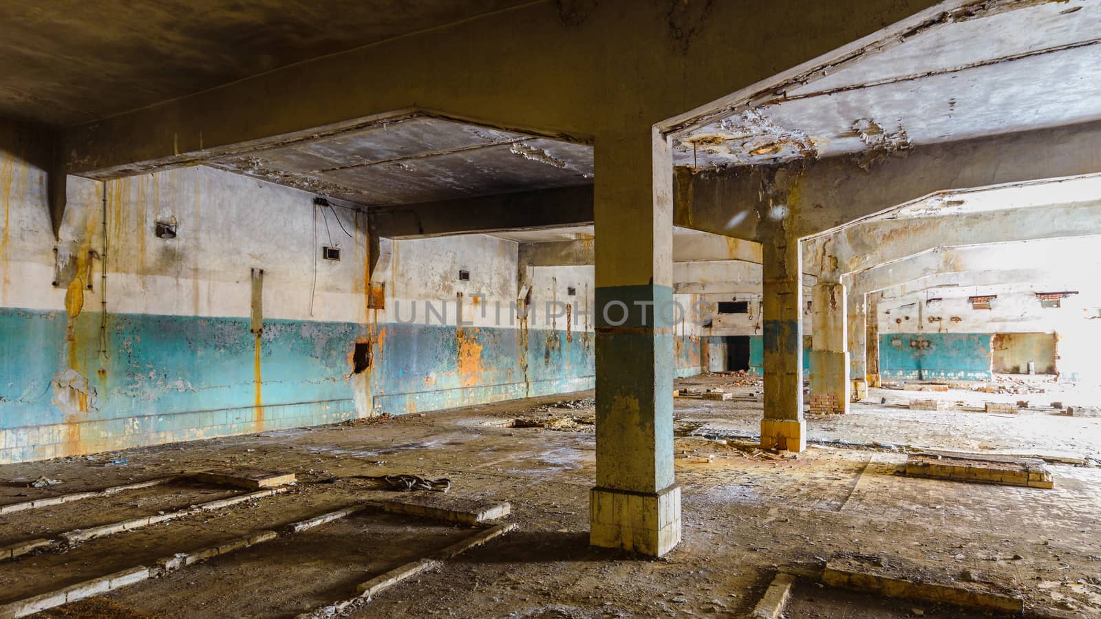 wide angle view of an old wall abandoned factory building