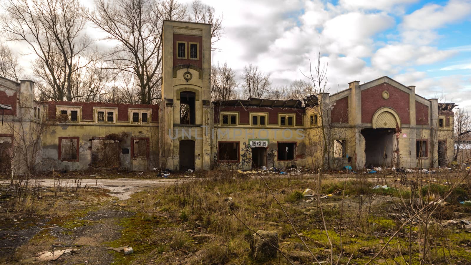 wide angle view of an old wall abandoned factory building