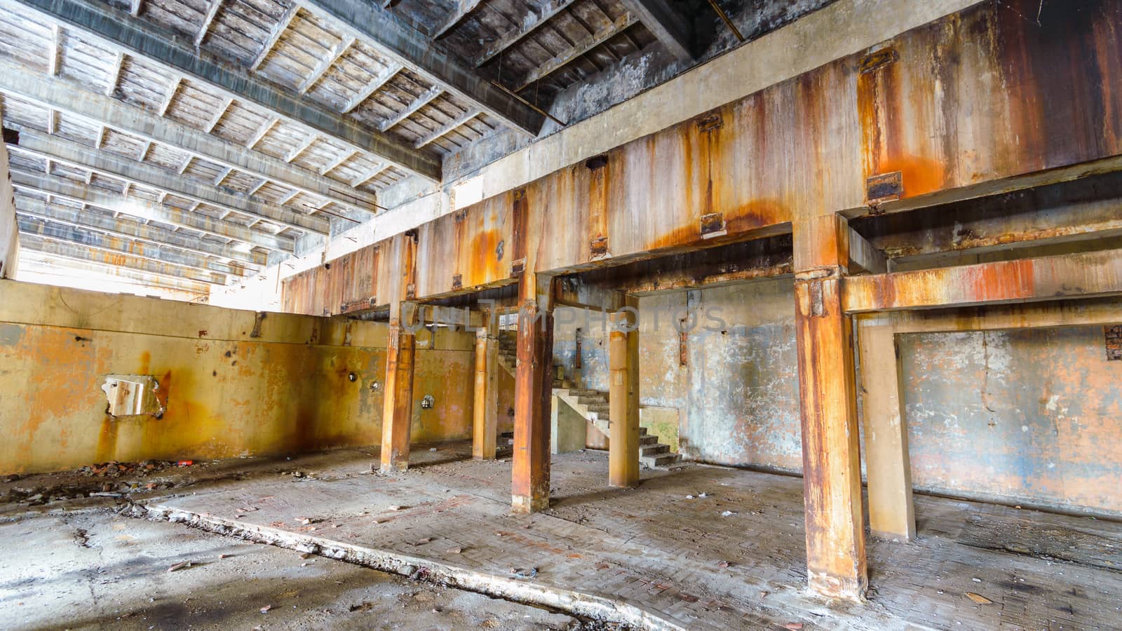 wide angle view of an old wall abandoned factory building