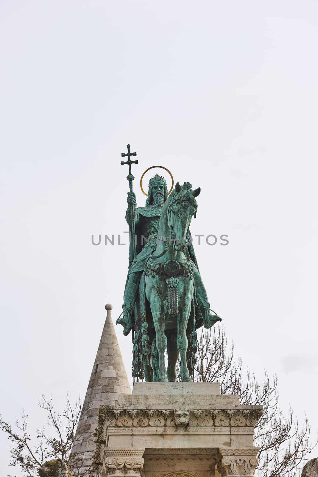 BUDAPEST, HUNGARY - FEBRUARY 02: Bronze statue of Saint Stephen in the Old Town district. February 02, 2016 in Budapest.