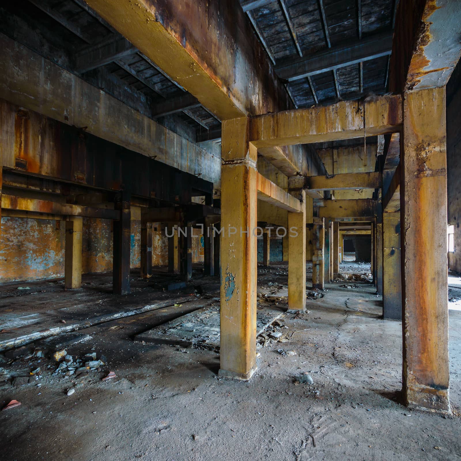 wide angle view of an old wall abandoned factory building