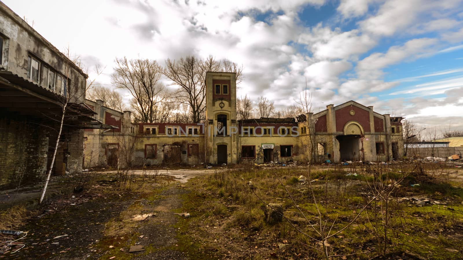 wide angle view of an old wall abandoned factory building