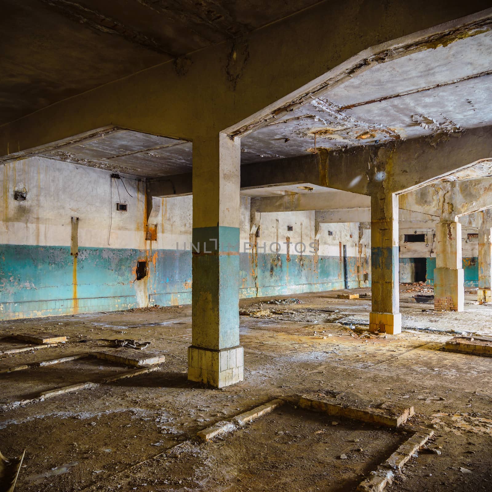 wide angle view of an old wall abandoned factory building