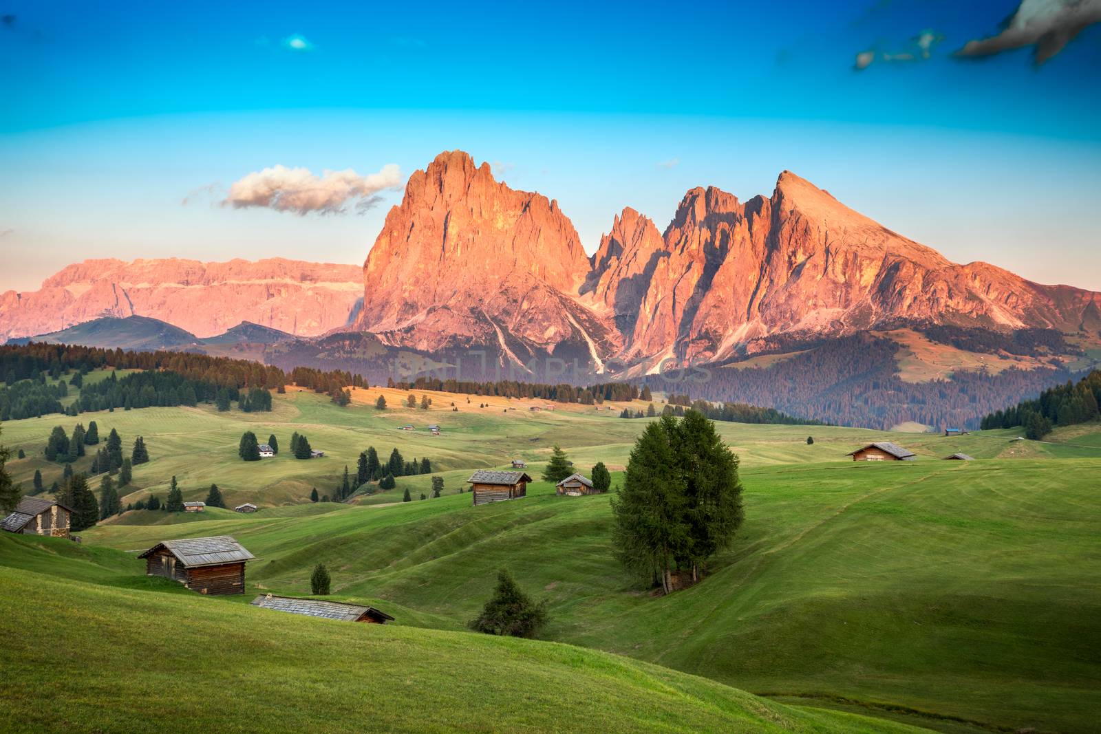 Seiser Alm with Langkofel Group in last sunlight, South Tyrol, Italy
