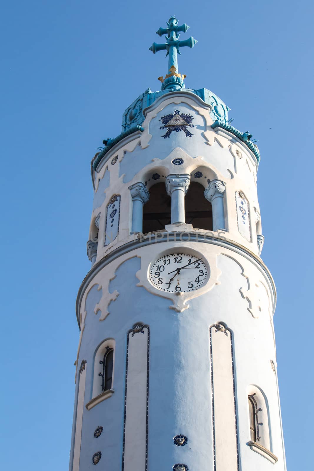 Art noveau style of Blue Church in Bratislava. Matching blue sky.