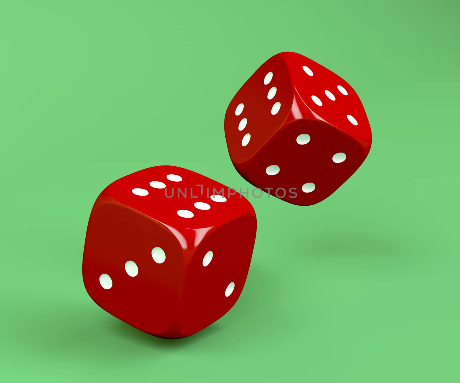 Red rolling dices on green background