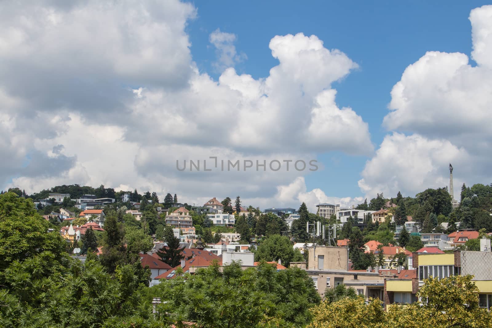 Family houses in the residential part of the Bratislava downtown. Cloudy sky.