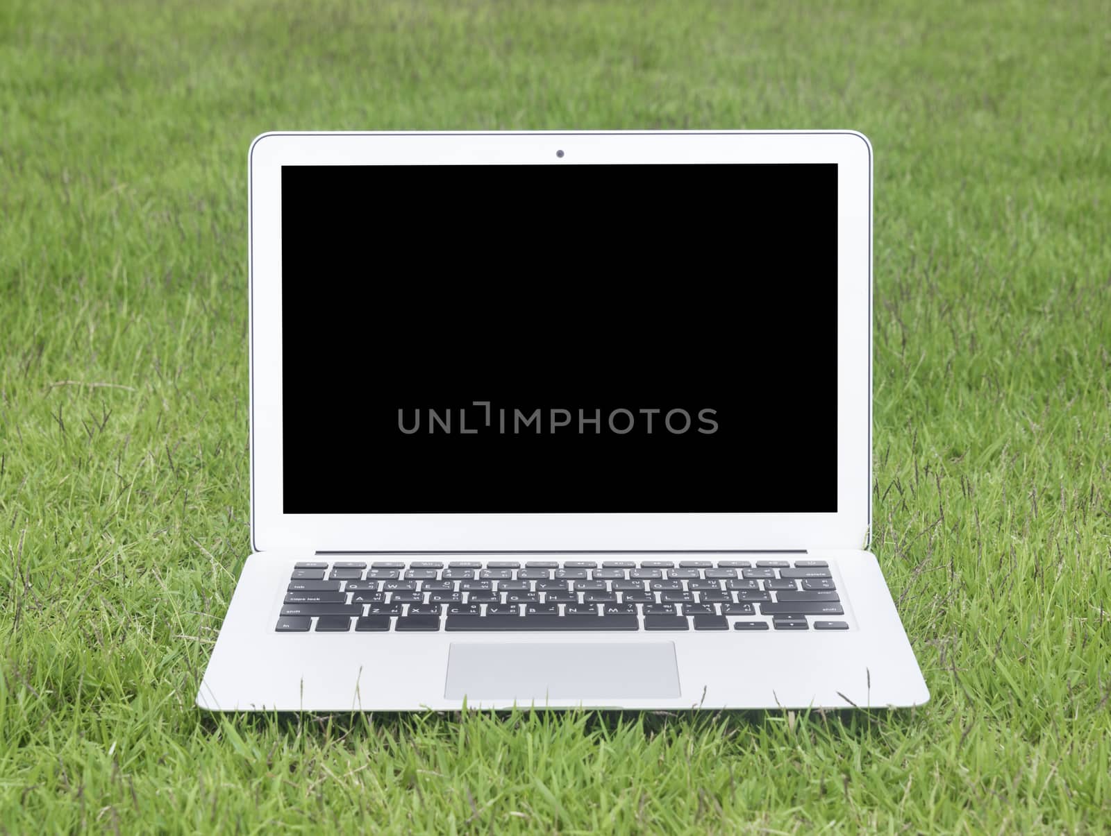 laptop computer in the home garden. technology concept, freelance concept, business concept. Selective focus.