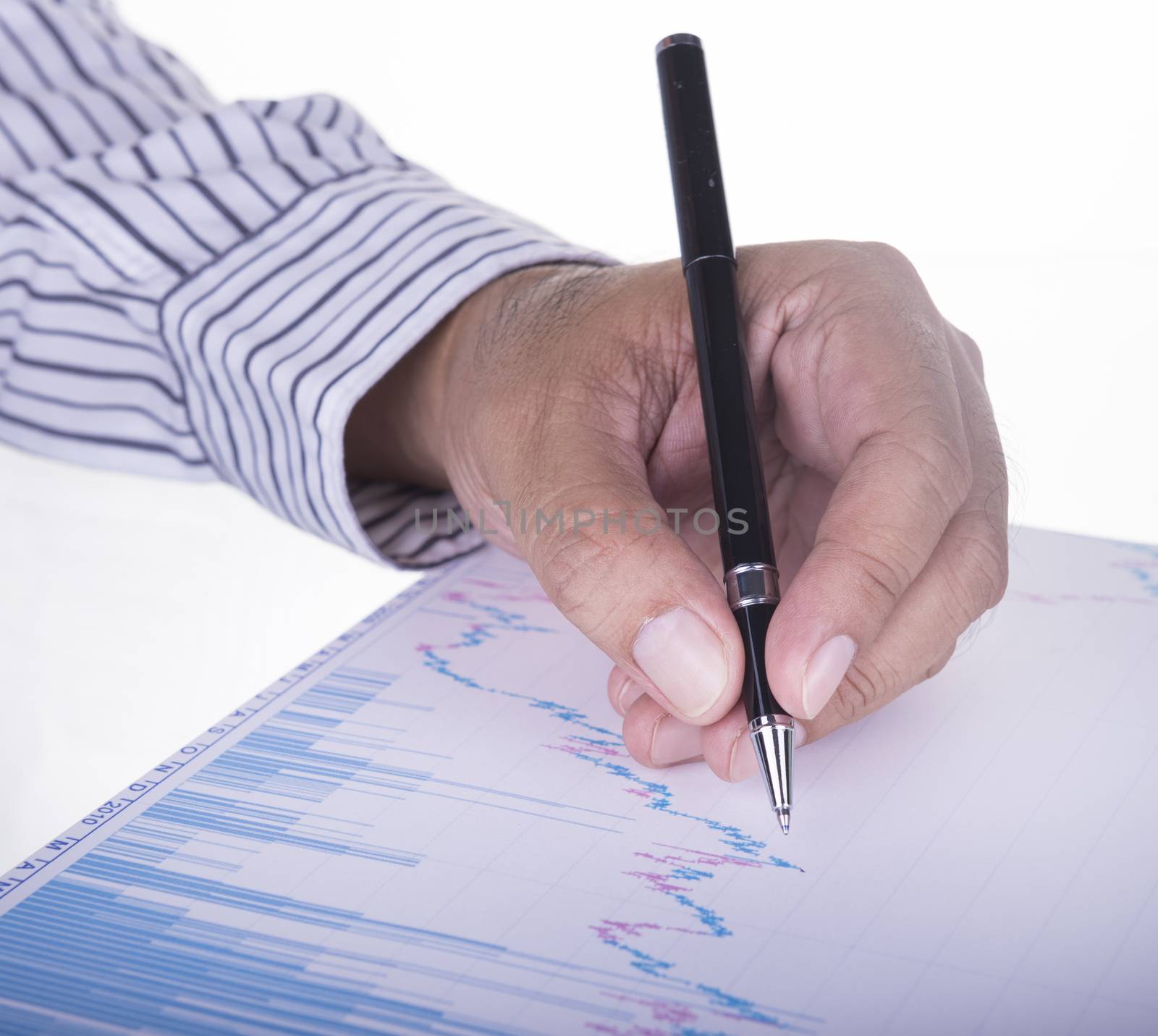 businessman analyzing data report. in white background