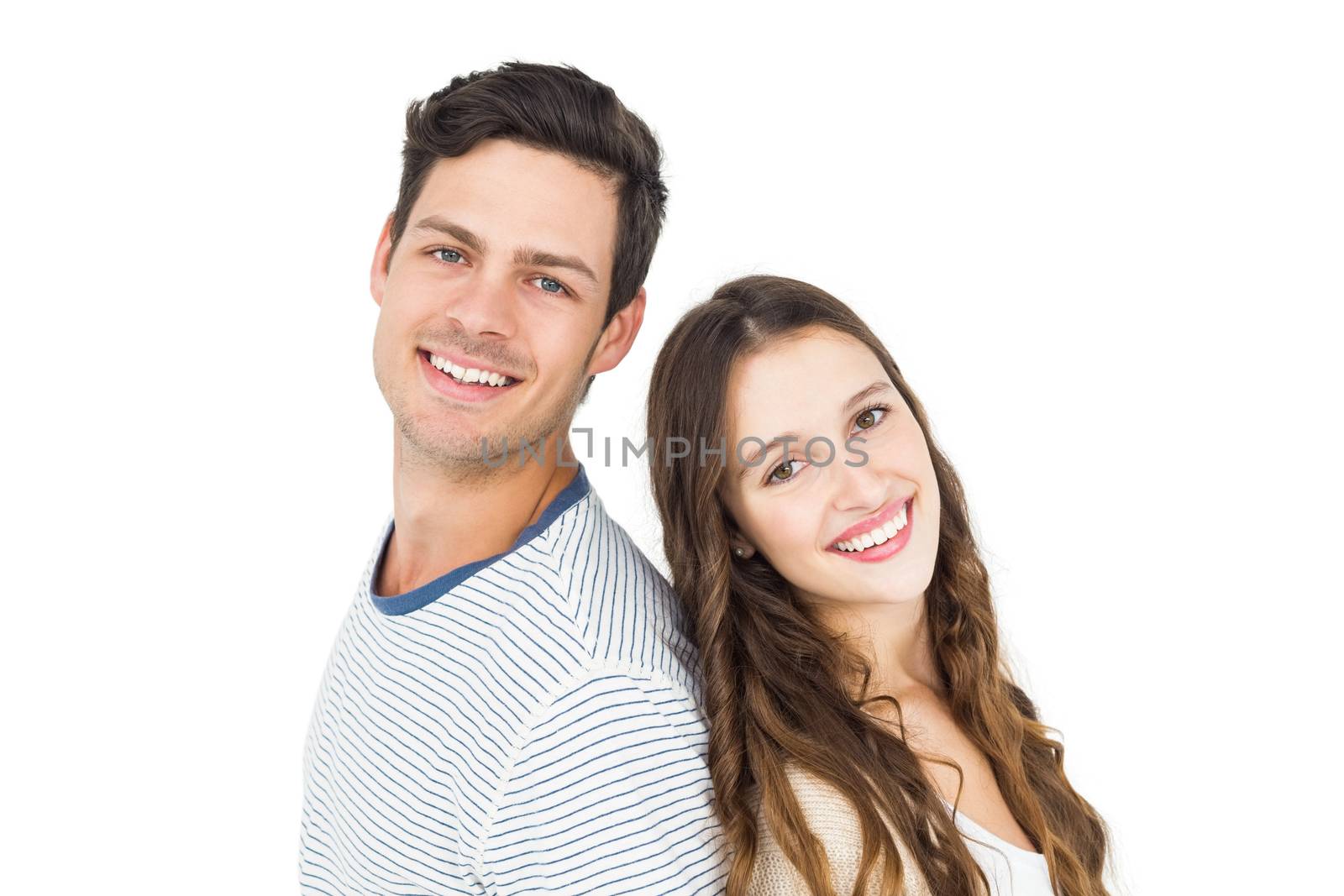 Couple standing back to back on white background