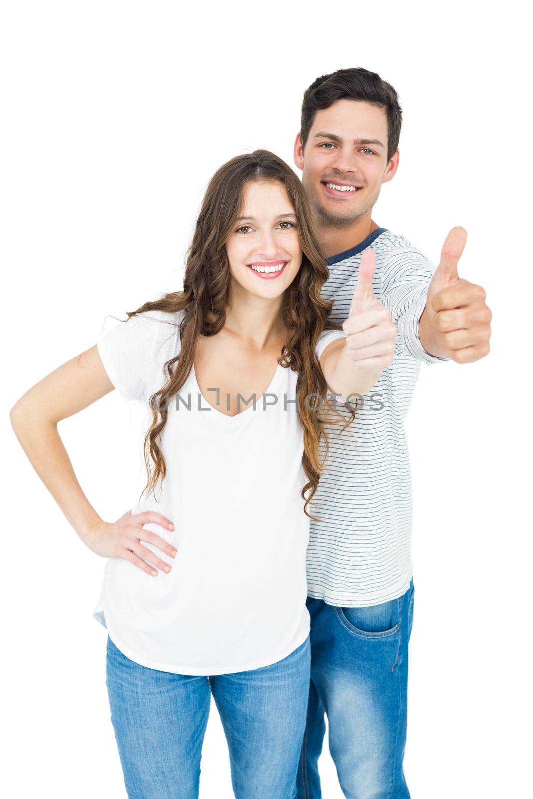 Couple with thumbs up on white background