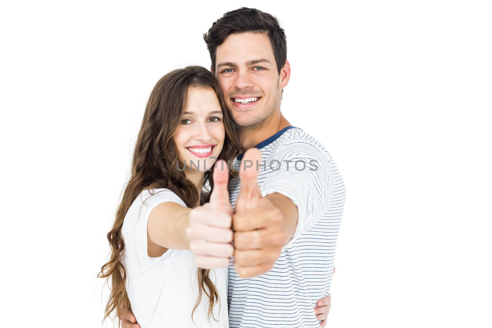 Couple with thumbs up on white background