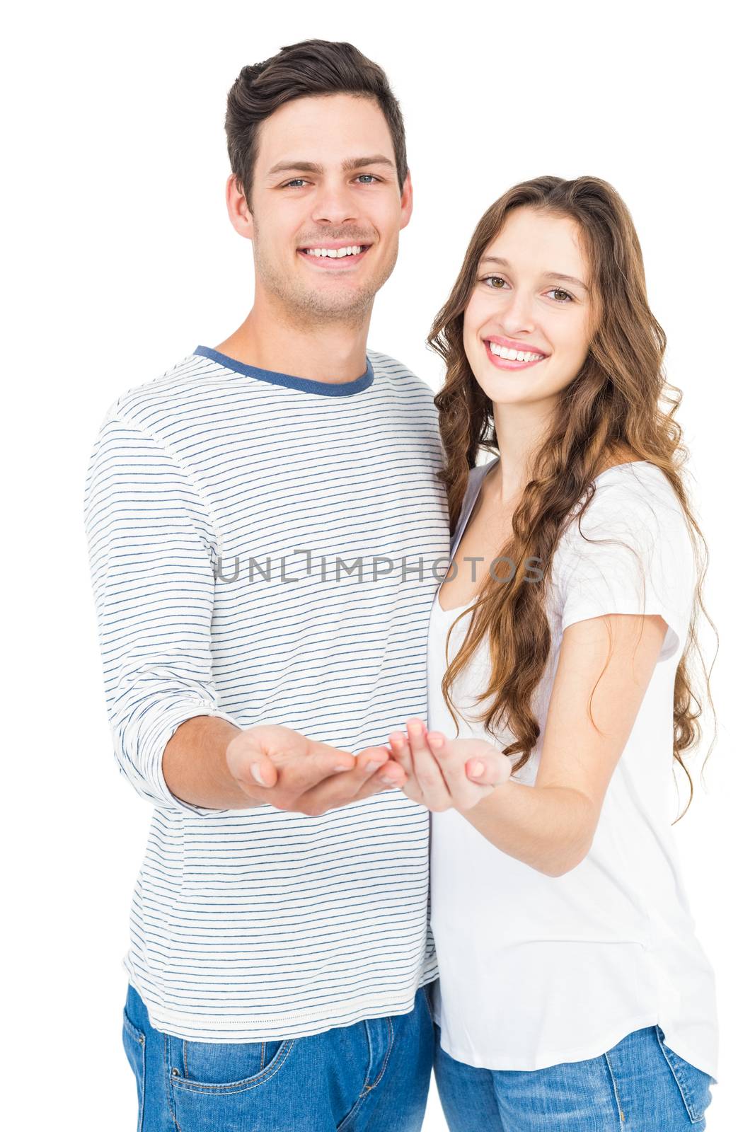 Couple standing empty hand on white background