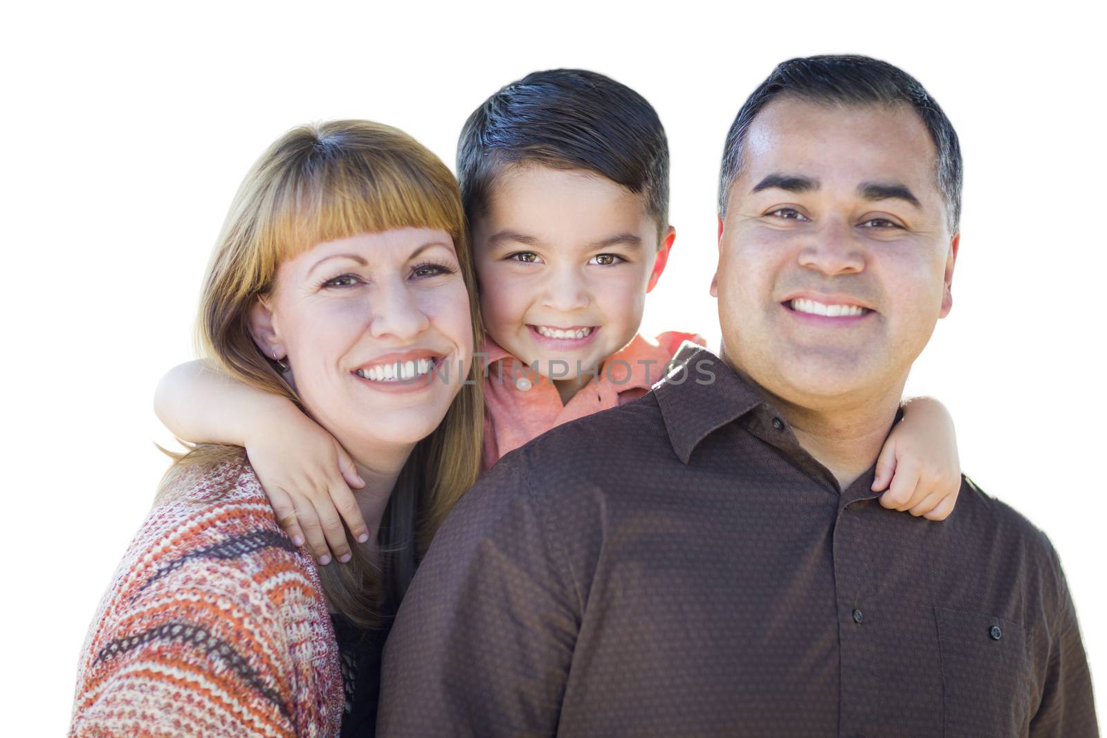 Happy Attractive Young Mixed Race Family Isolated on White.