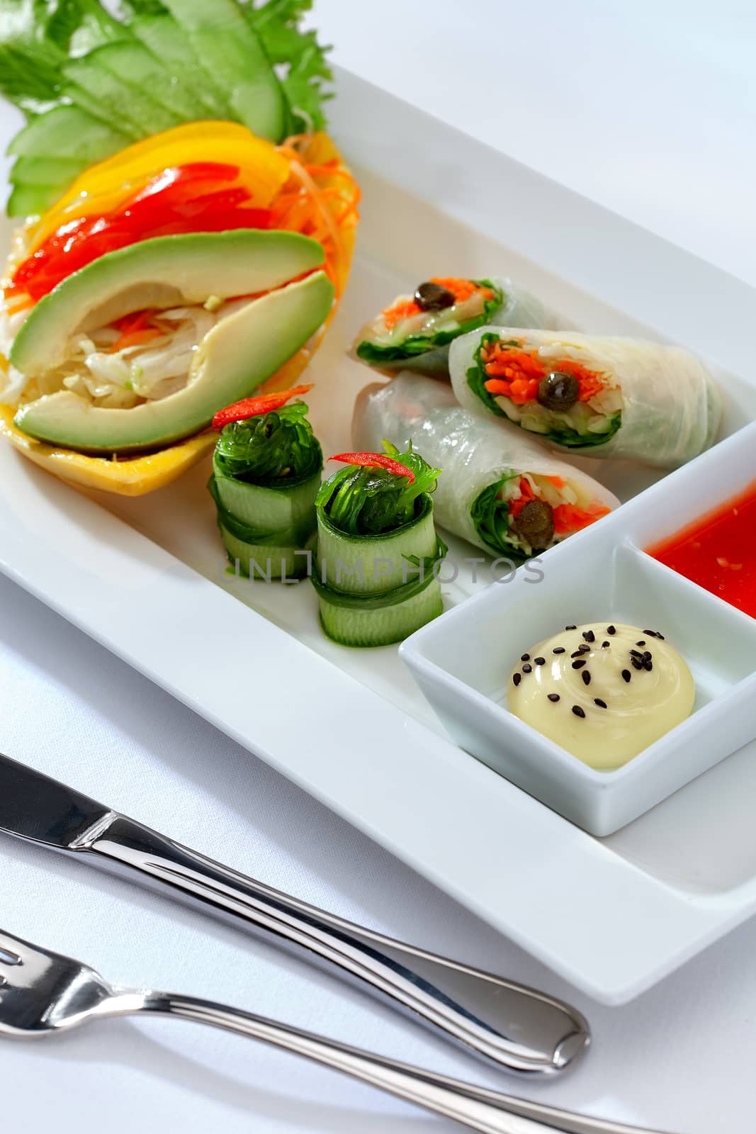 close up view of nice fresh meal on white table cloth