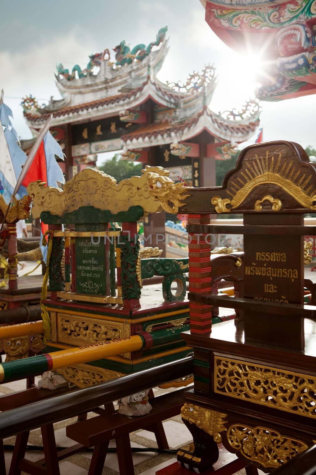 close up view of Chinese shrine elements during vegetarian festival