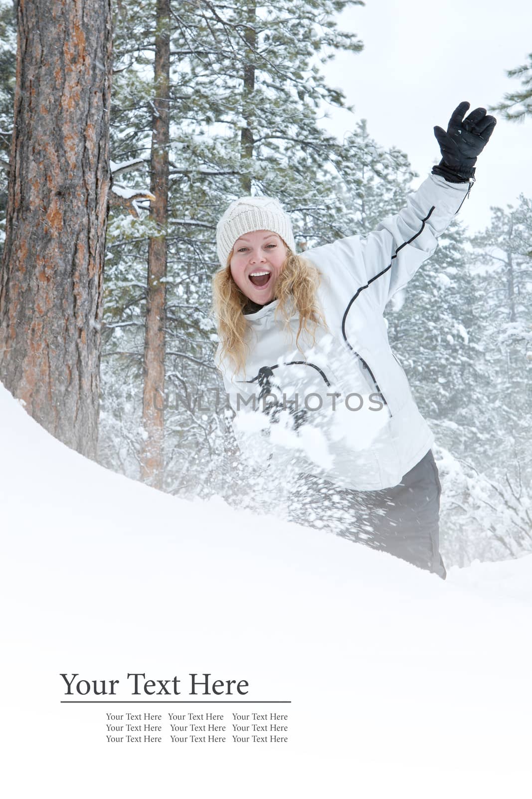Portrait of young beautiful woman on winter outdoor background. Banner, lots of space.