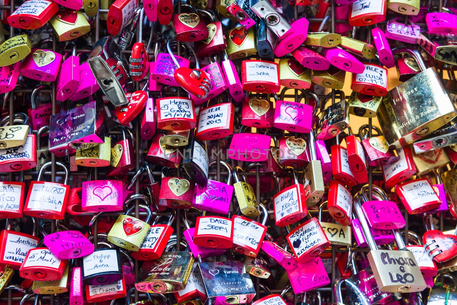 Love Padlocks in face of Juliet House in Verona, Italy, site of Romeo and Juliet Drama