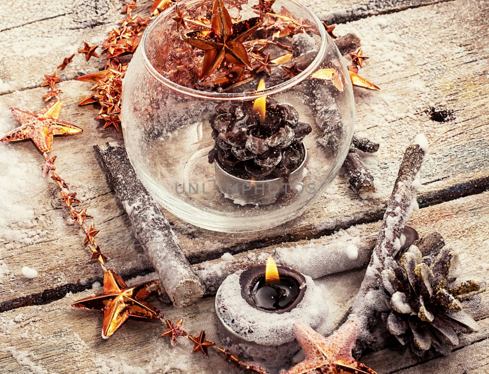 Christmas decorations and toys on wooden background