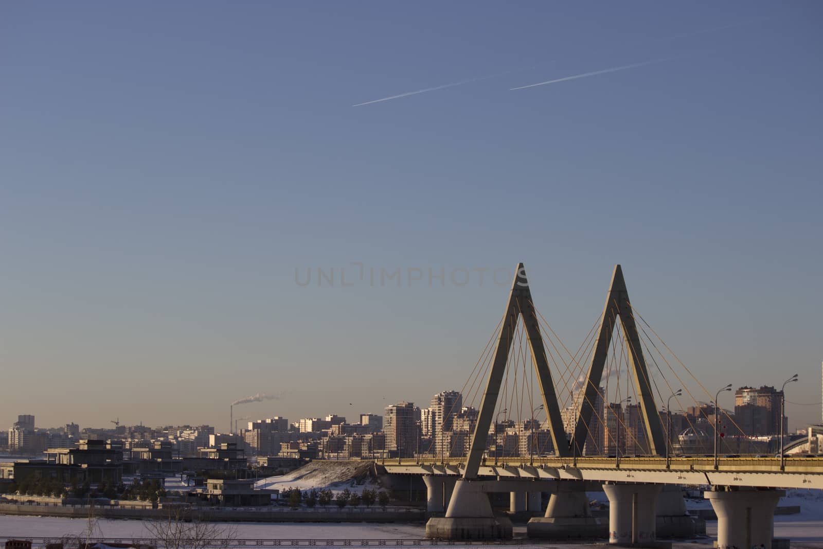 winter day in city, blue sky, clouds