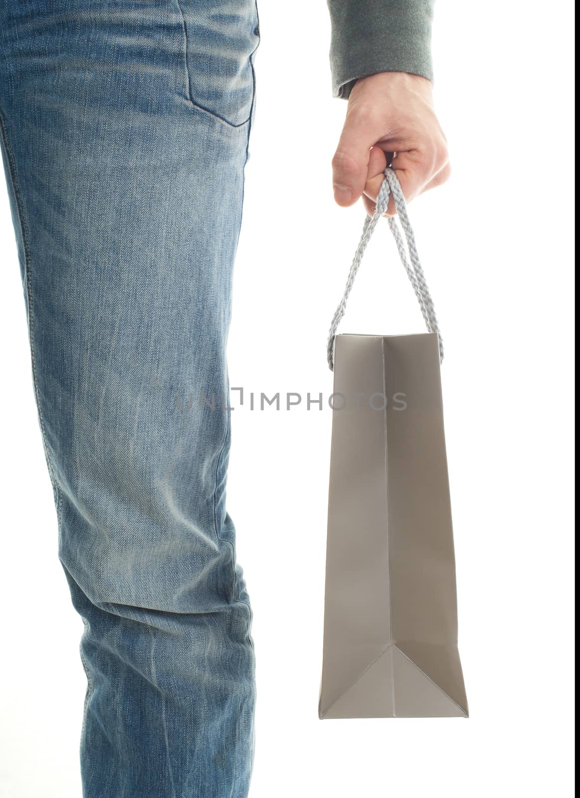 Shopping man, gift bag, isolated on white