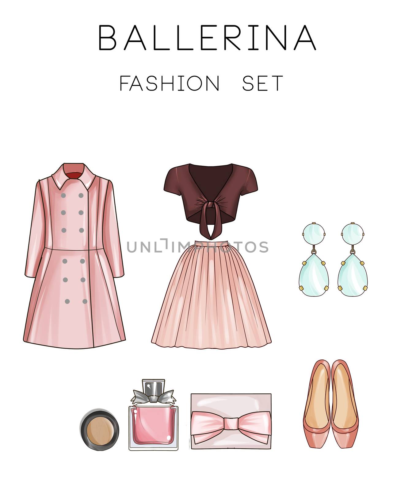 Fashion set of woman's clothes and accessories - Coat, Ballerina skirt, top, make up, flat shoes, diamond earrings
