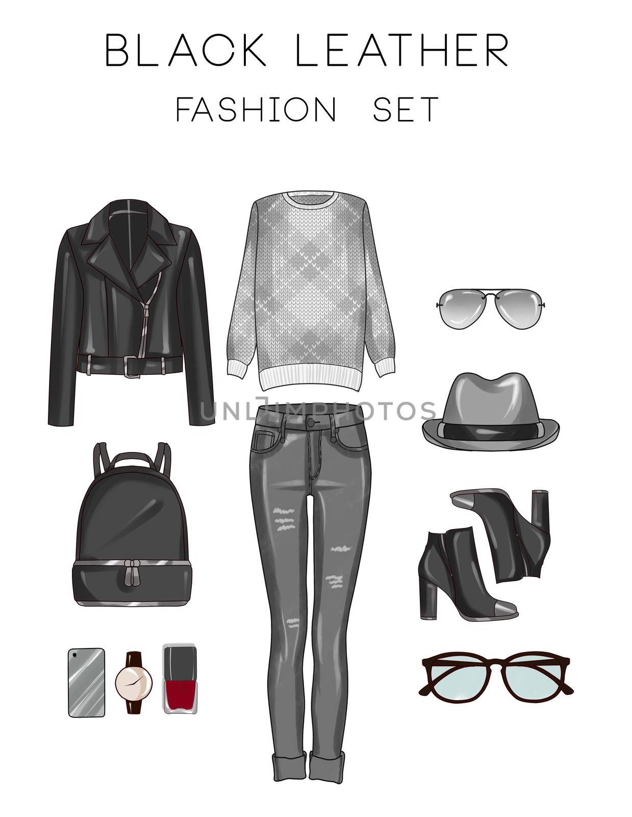 Fashion set of woman's clothes and accessories - Black leather biker jacket, jeans, sweater, sunglasses, boots, bag, make up, hat