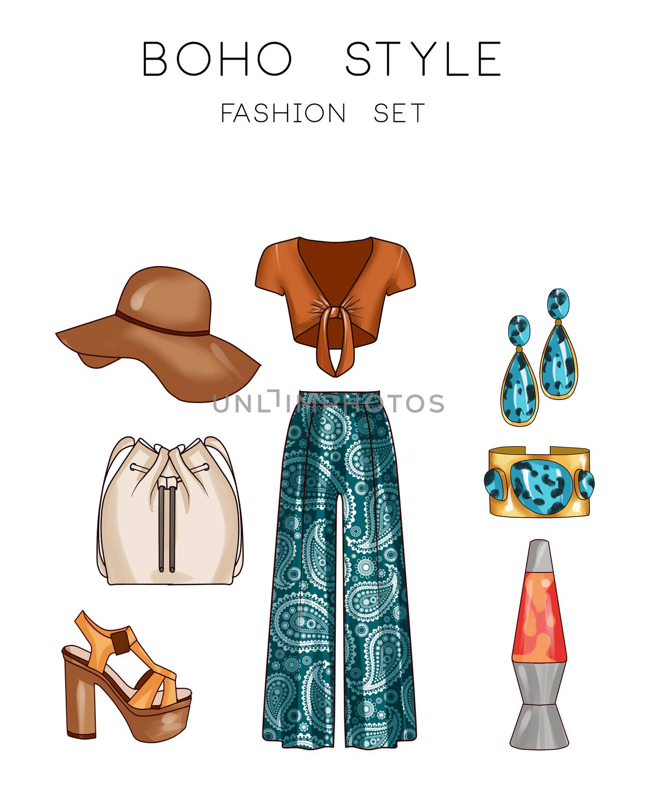 Fashion set of woman's clothes and accessories - Hippie style fashion set by GGillustrations