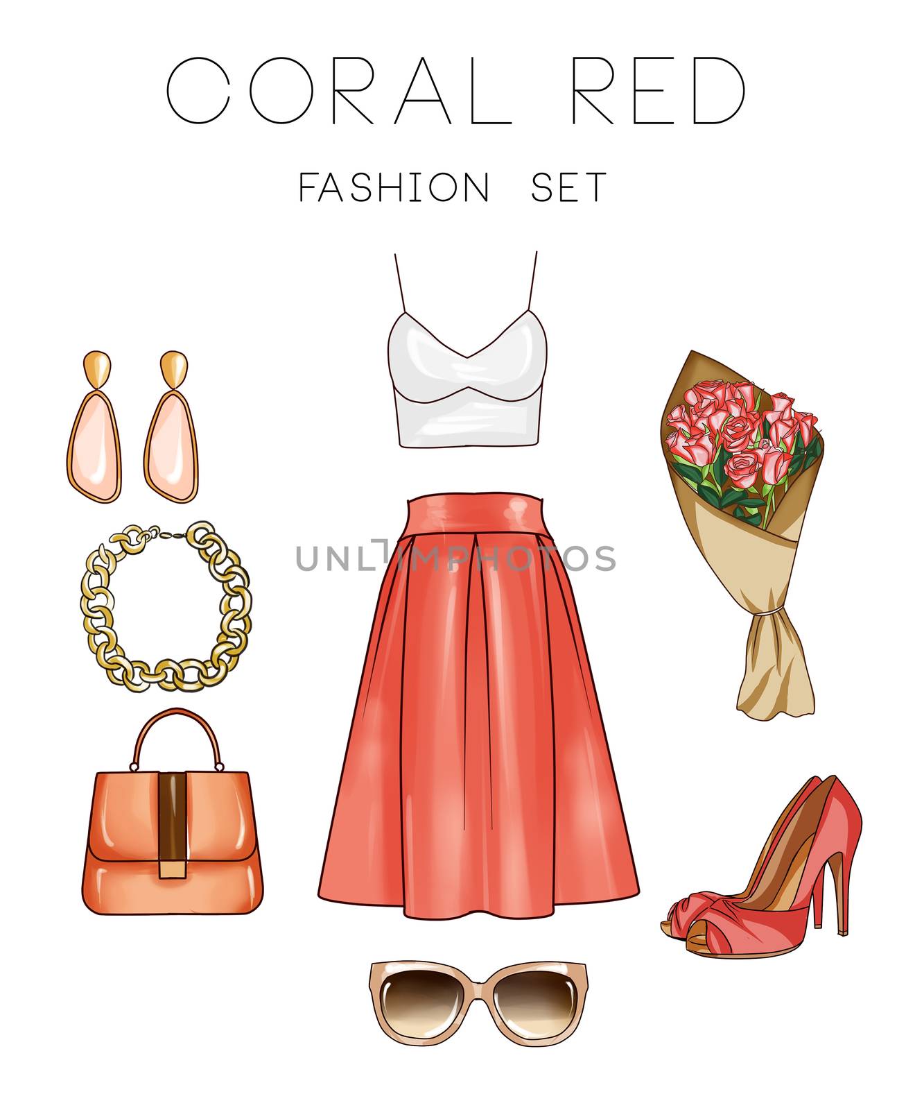 Fashion set of woman's clothes and accessories - Top, skirt, jewels, hand bag, heel shoes, sunglasses, flowers