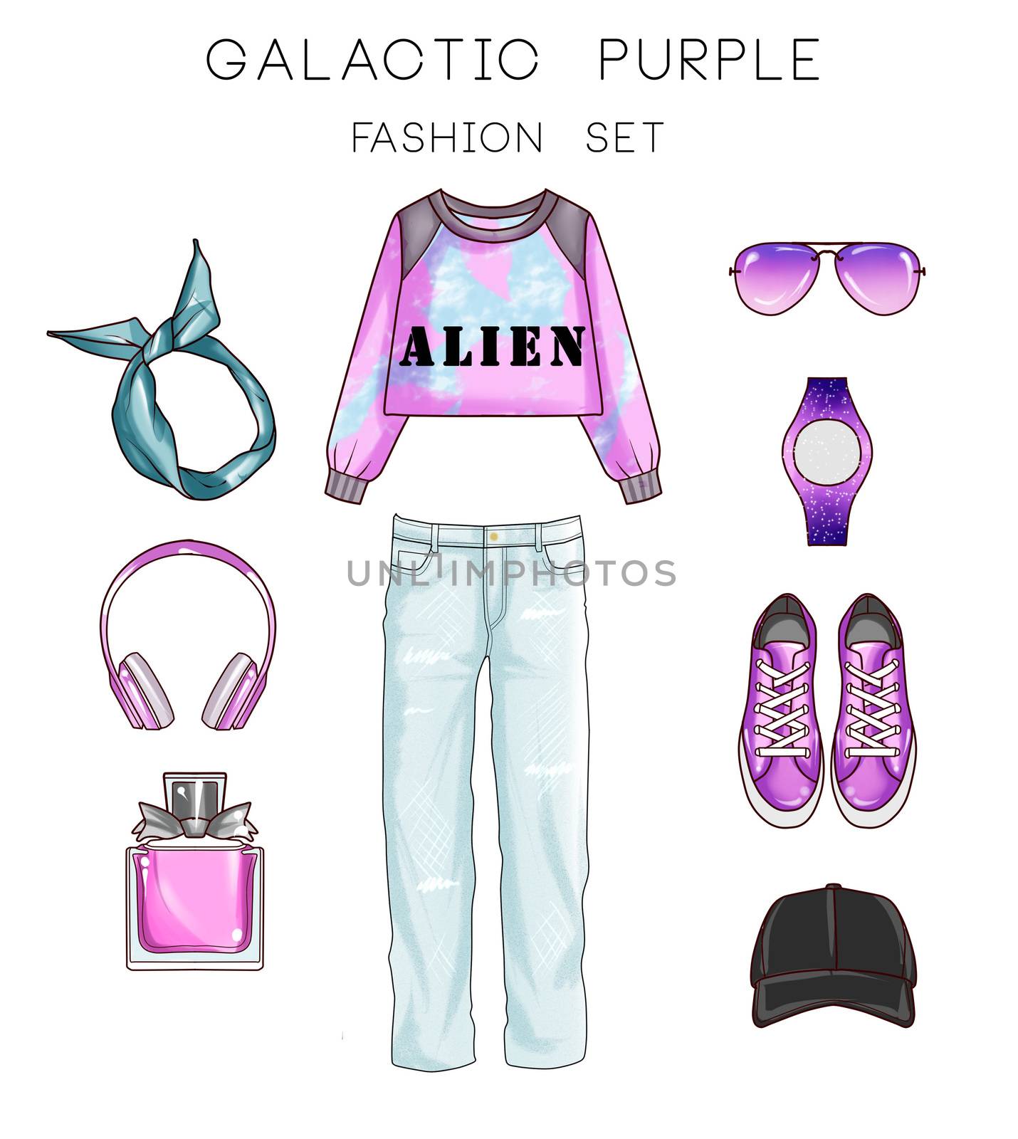 Fashion set of woman's clothes and accessories - baggy jeans, sneakers, perfume bottle, sweater, ear cuffs, hat, watch by GGillustrations
