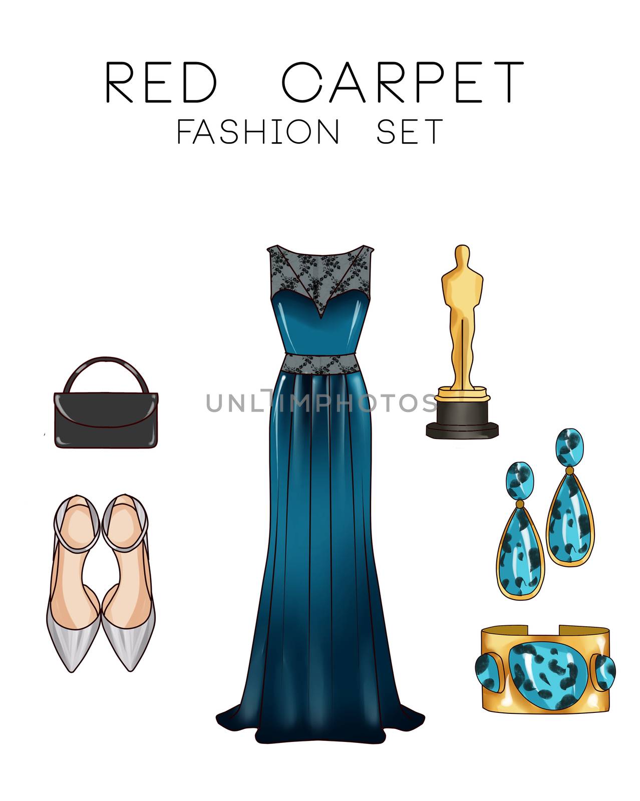 Fashion set of woman's clothes and accessories - Formal dress , shoes, jewels, purse by GGillustrations