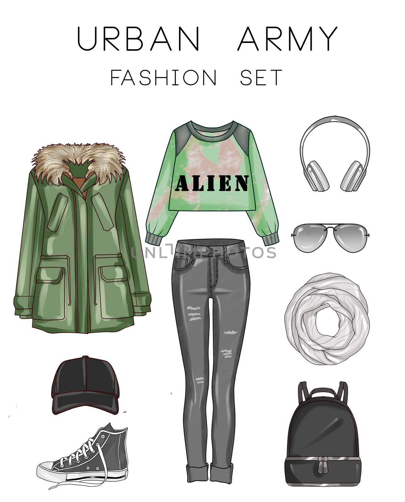 Fashion set of woman's clothes, accessories, and shoes by GGillustrations