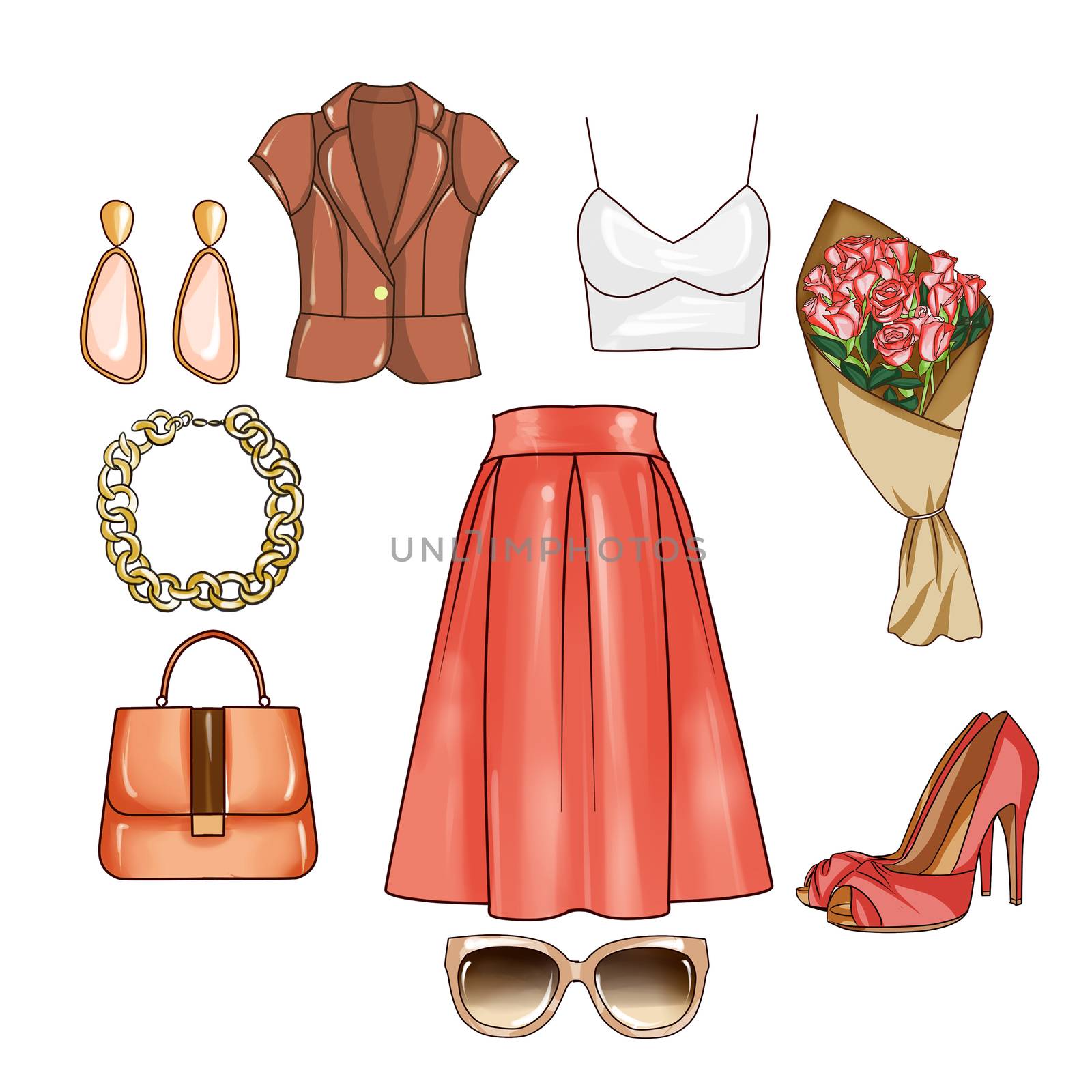 Fashion set of woman's clothes and accessories - Top, skirt, jewels, hand bag, heel shoes, sunglasses, flowers by GGillustrations