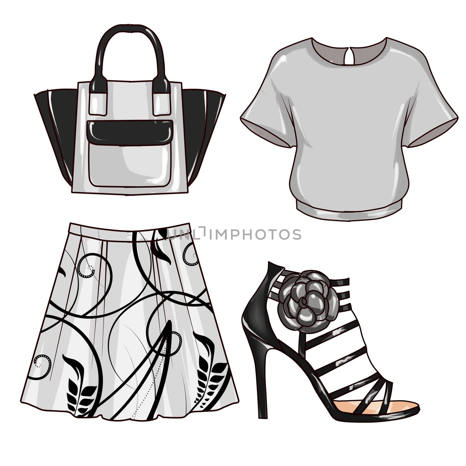 Raster Fashion Illustration - Clip Art Set of woman's clothes and accessories
