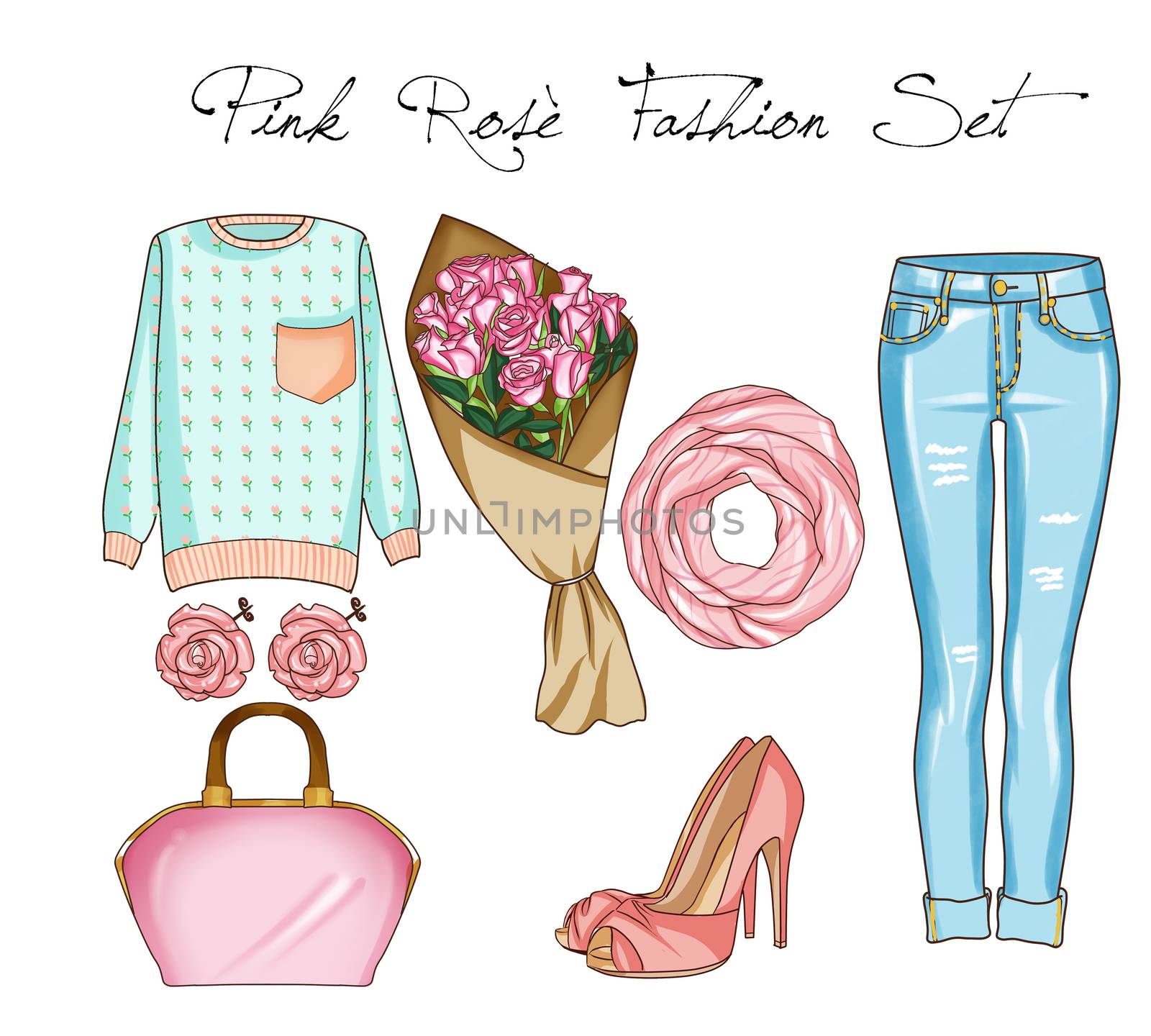 Fashion set of woman's clothes, accessories, and shoes . Casual outfits in blue denim and pink color by GGillustrations