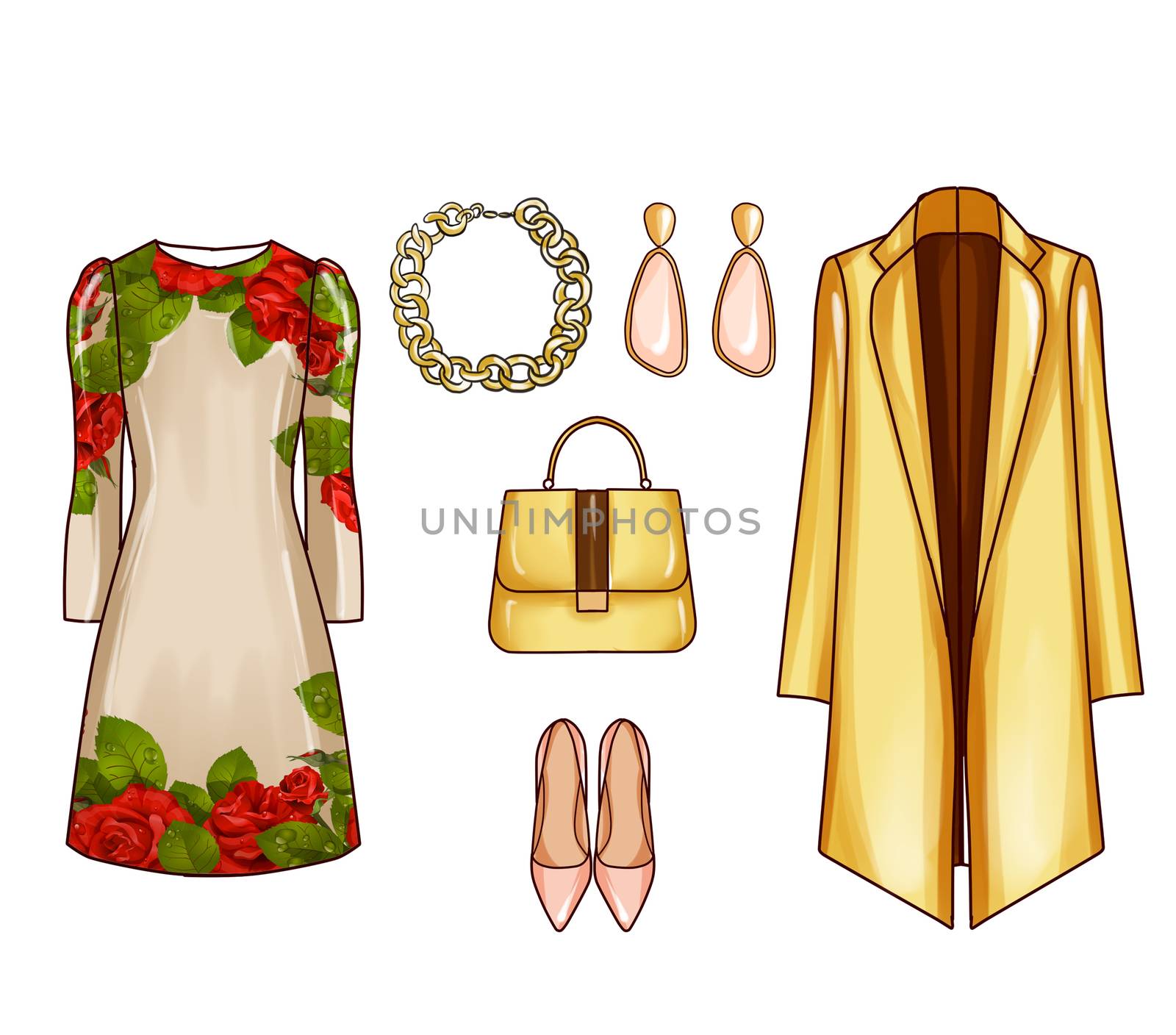 Fashion set of woman's clothes and accessories - Printed short dress, jewels, shoes, purse, , coat,