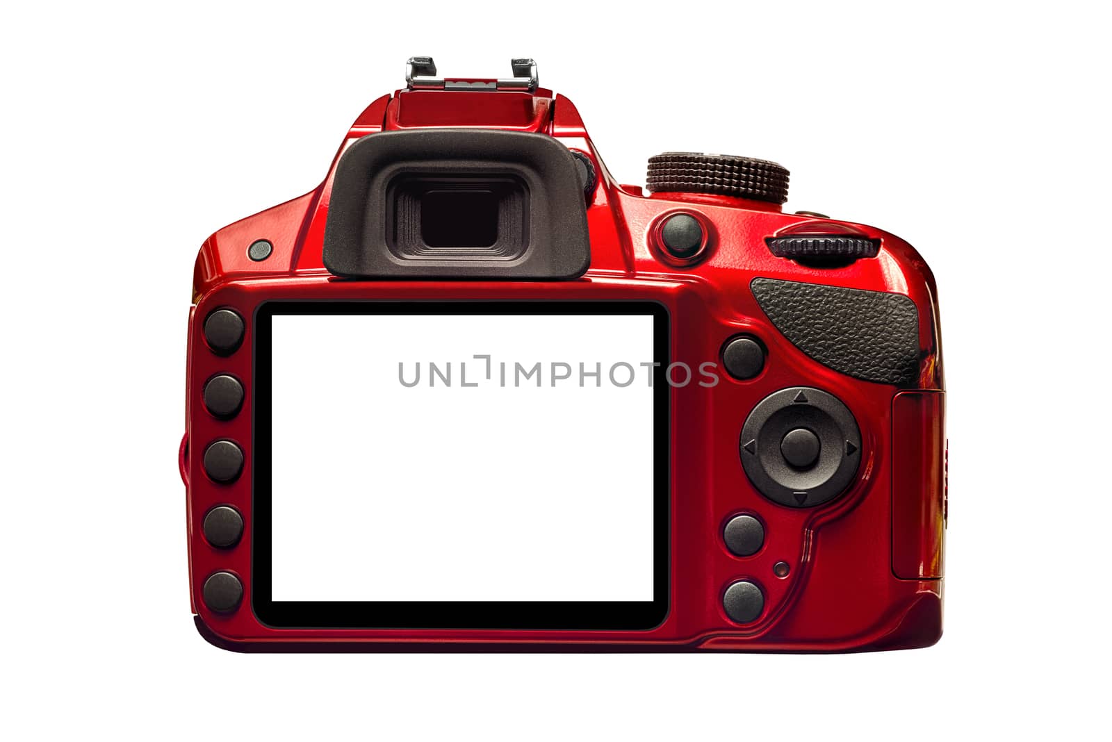 Horizontal shot of the back of a red camera with a blank screen on a white background.