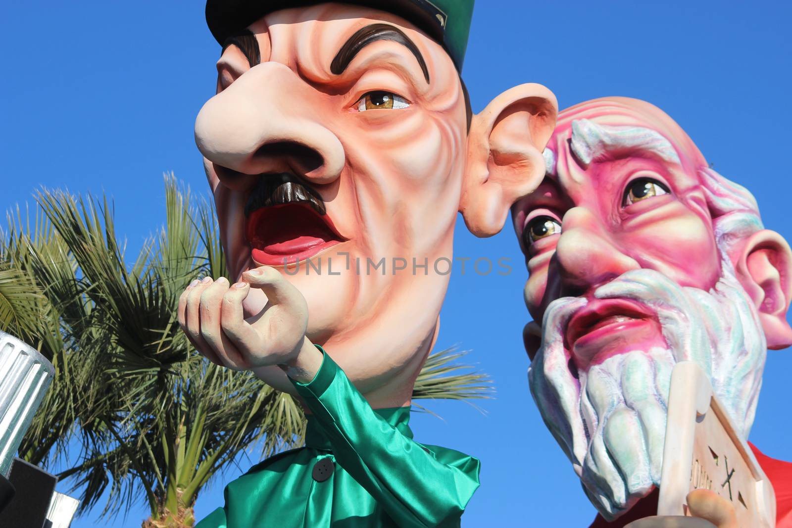 Nice, France - February 21 2016: Caricature of Charles de Gaulle and Moses (Prophet). Charles de Gaulle was a French General. Parade Float during the Carnival of Nice (Corso Carnavalesque 2016) in French Riviera. The Theme for 2016 was King of Media