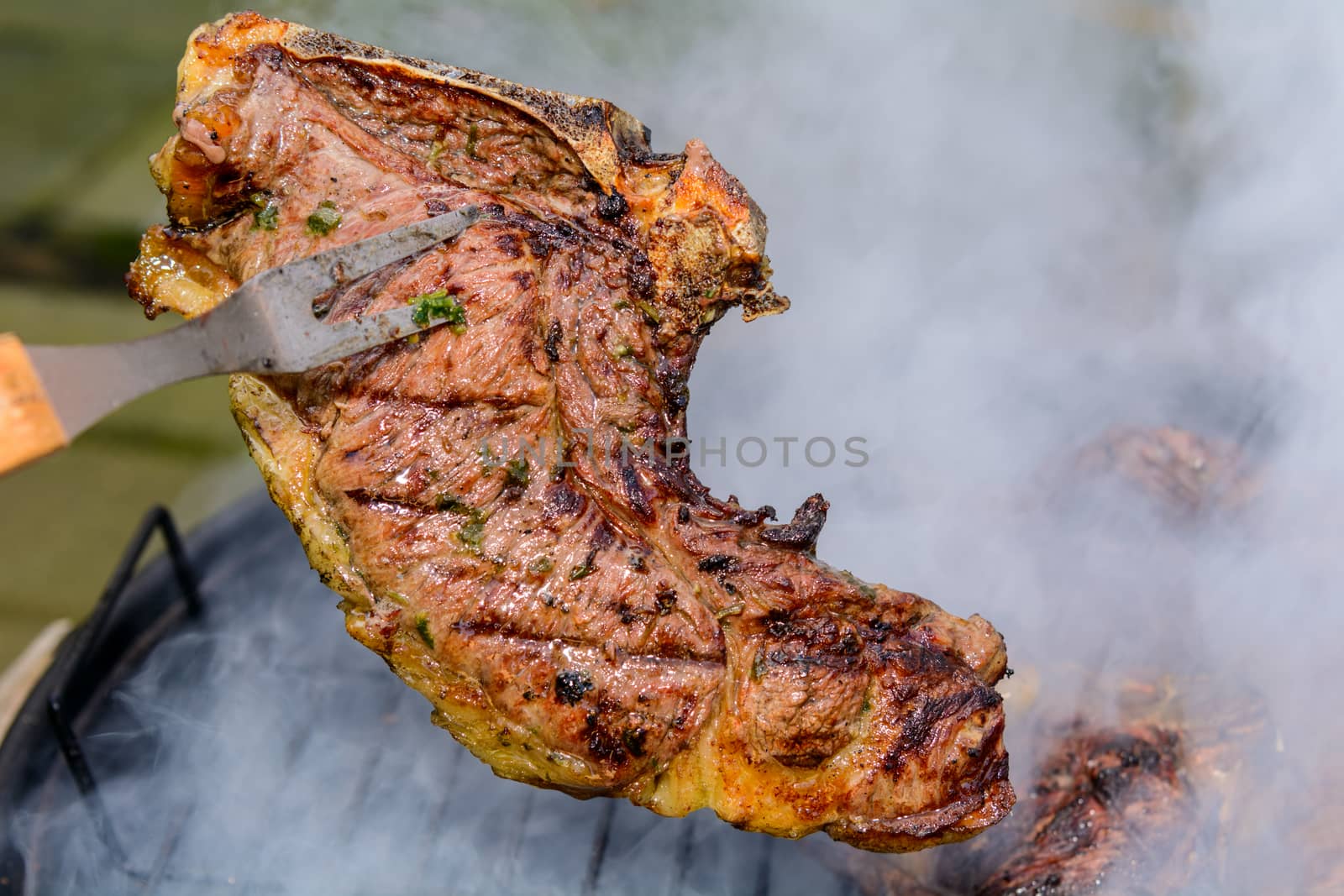 Roast beef, cooked in the outdoor barbecue in a rural location. Sauce: olive oil, salt, parsley.