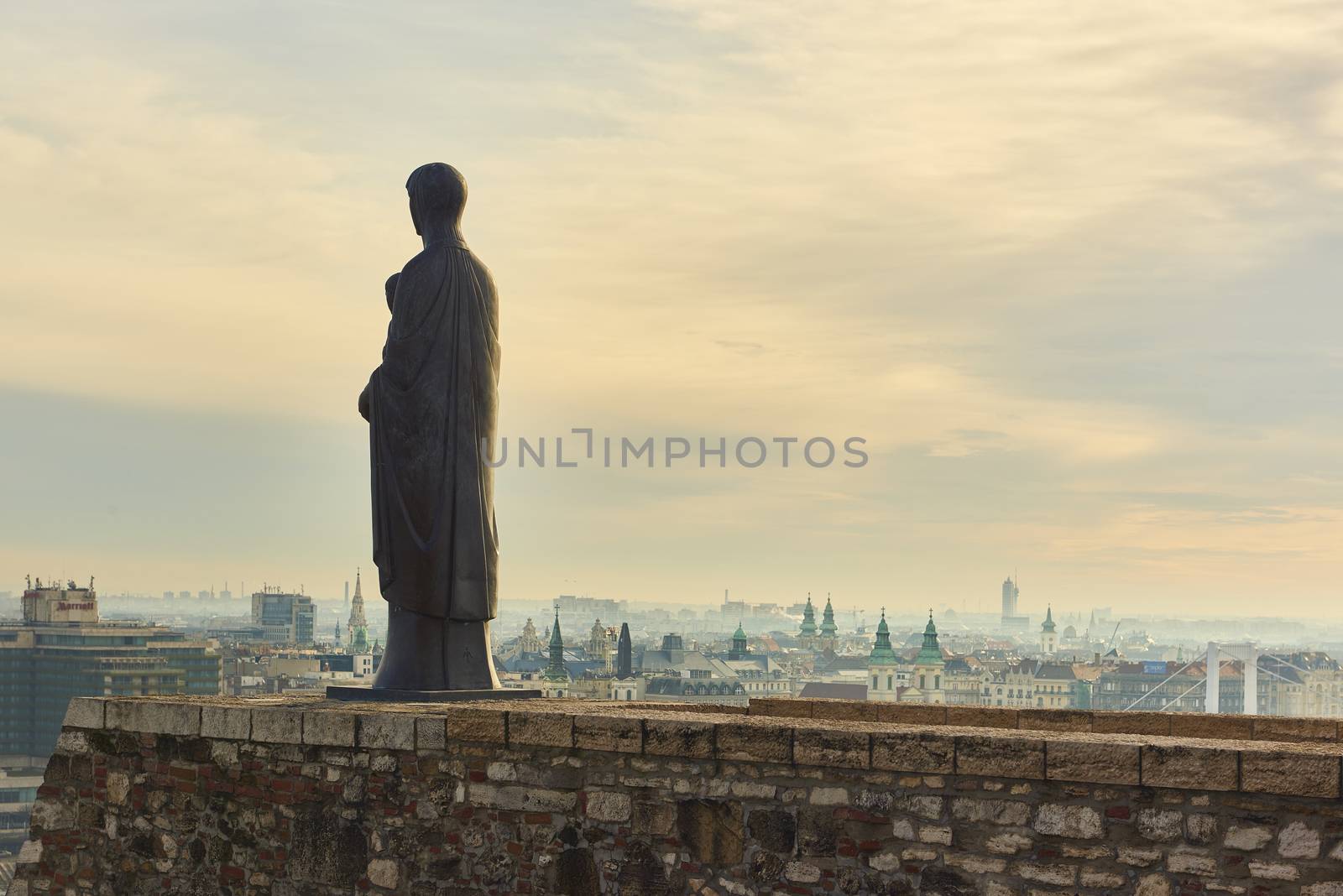 BUDAPEST, HUNGARY - FEBRUARY 02: Bronze statue of Virgin Mary by sculptor Laszlo Matyassy outside Buda Castle, overlooking Budapest city across the Danube river. February 02, 2016 in Budapest.