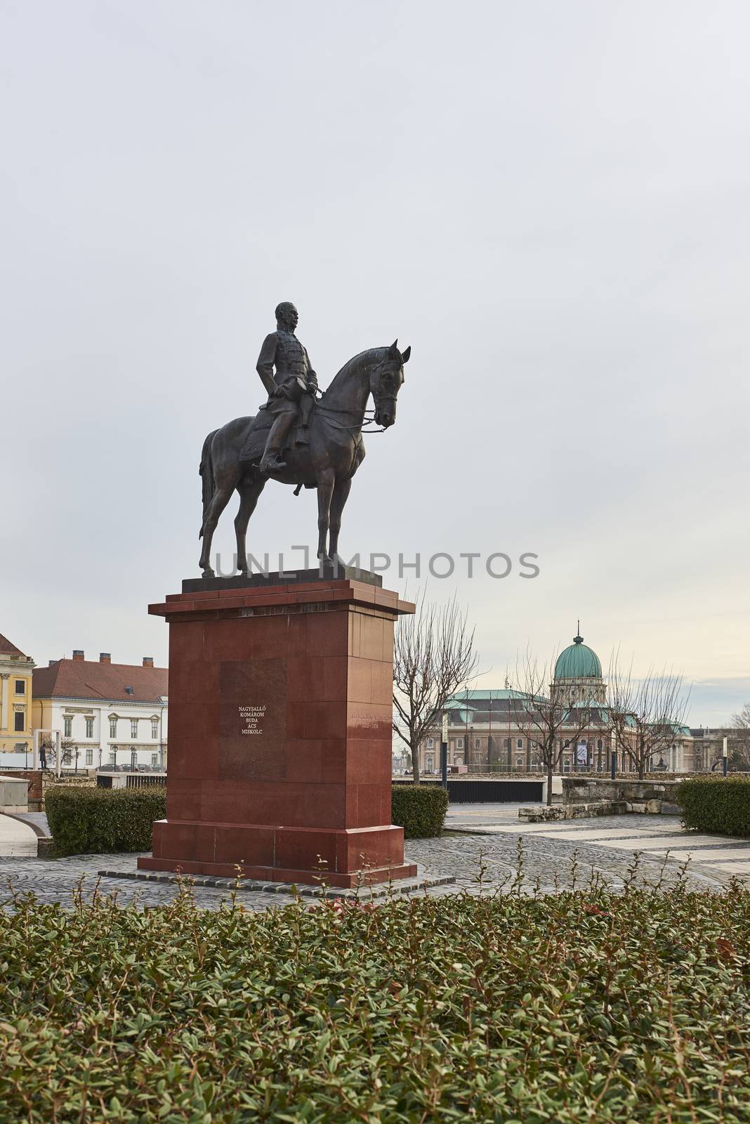 BUDAPEST, HUNGARY - FEBRUARY 02: Bronze statue of mounted military leader Artur Gorgey, with Buda Castle in the background. February 02, 2016 in Budapest.
