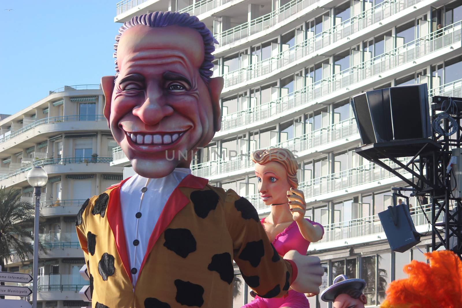 Nice, France - February 21 2016: Caricature of Silvio Berlusconi (Bunga Bunga). Berlusconi is a Businessman and an Italian Politician. Parade Float during the Carnival of Nice (Corso Carnavalesque 2016) in French Riviera. The Theme for 2016 was King of Media