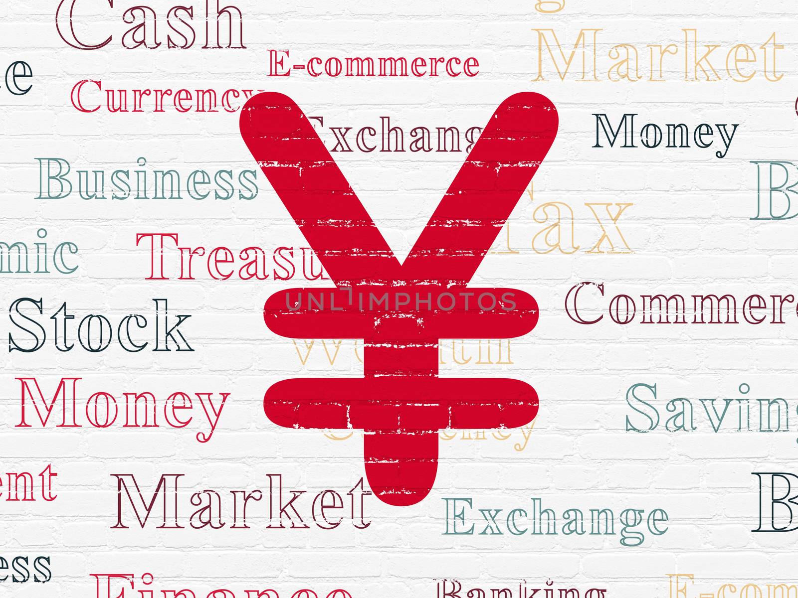 Currency concept: Painted red Yen icon on White Brick wall background with  Tag Cloud