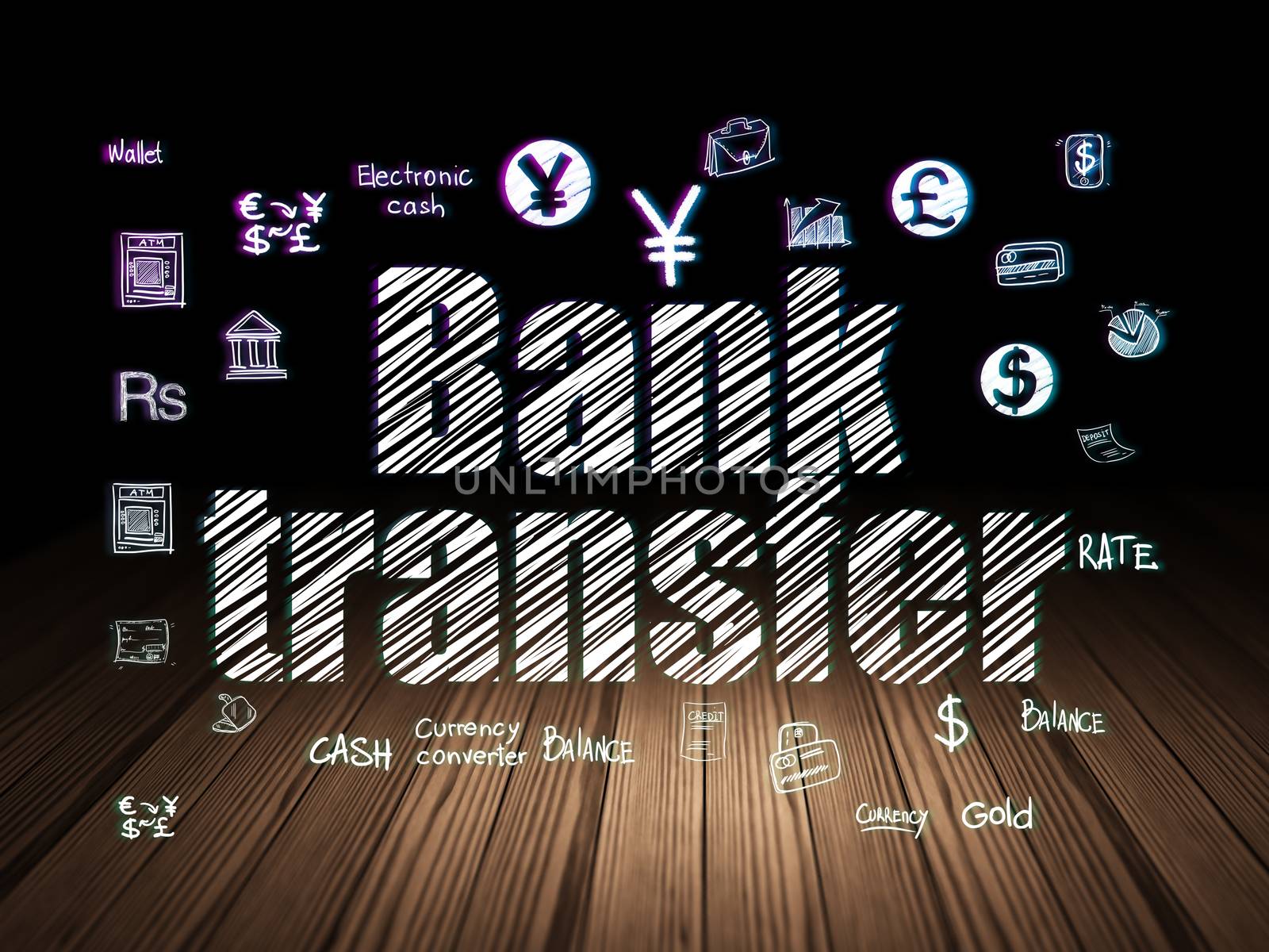 Currency concept: Glowing text Bank Transfer,  Hand Drawn Finance Icons in grunge dark room with Wooden Floor, black background