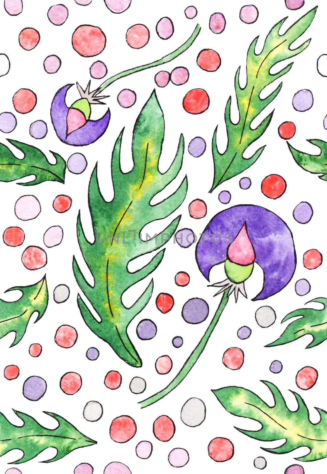 Seamless watercolor hand-drawing, fantasy plants. Flowers and leaves